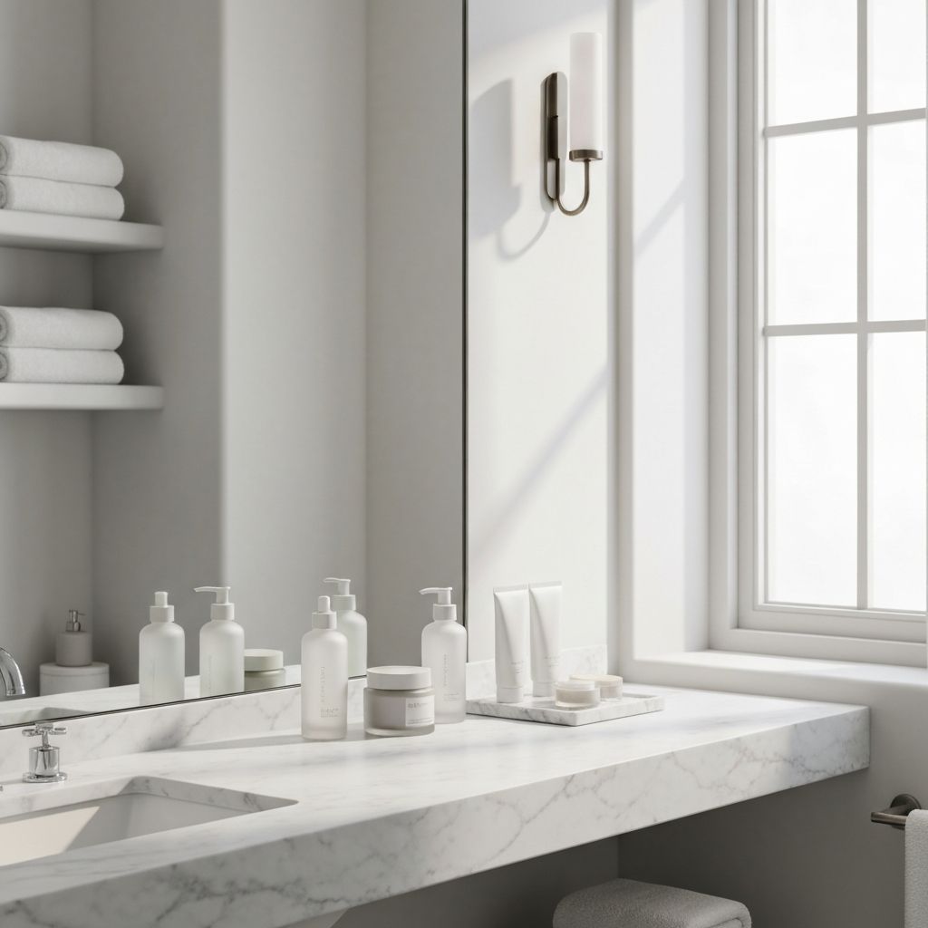 Αιθέρια περιποίηση δέρματος σε λευκό πολυτελές μπάνιο